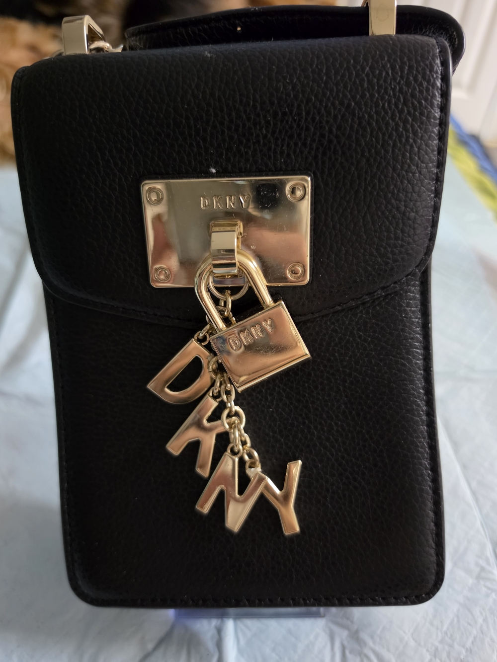 DKNY Black Leather Crossbody with Gold Logo Charm